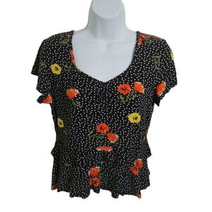 Poison Ivy Scoop V-Neck Floral/Polka Dot  Shirt, S
